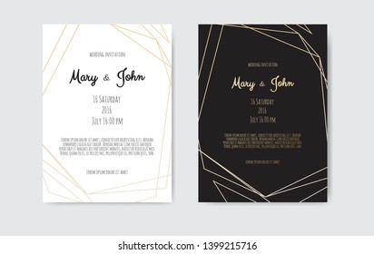 Wedding Invitation, invite card design with Geometrical art lines, gold foil border, frame.