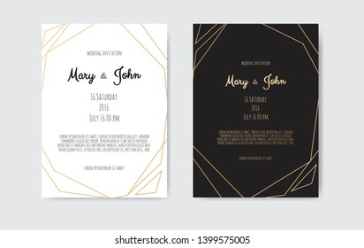 Wedding Invitation, invite card design with Geometrical art lines, gold foil border, frame.