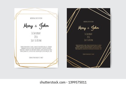 Wedding Invitation, invite card design with Geometrical art lines, gold foil border, frame.