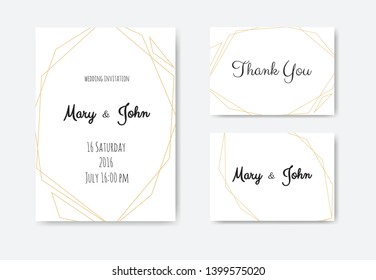 Wedding Invitation, invite card design with Geometrical art lines, gold foil border, frame.