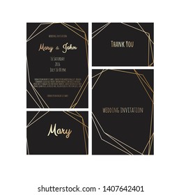 Wedding Invitation, invite card design with Geometrical art lines, gold foil border, frame.