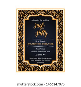 Wedding Invitation, invite card design with Geometrical art lines, gold foil border, frame. blue background. Luxury cards with gold texture and geometric pattern vector design template. 