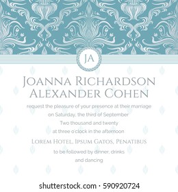 Wedding invitation and invite card with floral damask pattern and monogram template surrounded by edging of rope. Classic background in white-turquoise colors