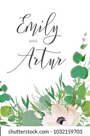 Wedding invitation, invite save the date card design. Green watercolor style light pink anemone flowers, eucalyptus leaves, white lilac flowers, greenery herbs mix decoration. Romantic rustic template