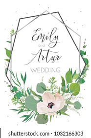 Wedding invitation, invite save the date card design with light pink anemones, eucalyptus leaves, white lilac flowers, greenery herbs decorative wreath & silver grey geometrical frame. Rustic template Wedding invitation, invite save the date card design with light pink anemones, eucalyptus leaves, white lilac flowers, greenery herbs decorative wreath & silver grey geometrical frame. Rustic template