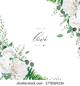 Hochzeitseinladung, Einladung, speichern Sie das Datum, Grußkarte, Banner. Elfenbeinblüte, weiße Peronenblumen, grüne Eukalyptuszweige und zartes Grün. Blumenrahmen, Rand. Elegante Textraumvorlage.