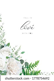Wedding invitation, invite, save the date, greeting card, postcard floral design. Ivory white Peony rose flower, green herbs, eucalyptus branches & trendy wild greenery. Minimal cute art chic template