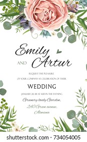 Wedding Invitation, invite save the date floral card vector Design: garden lavender pink peach Rose Succulent wax green palm leaves elegant greenery eucalyptus forest bouquet wreath frame border print