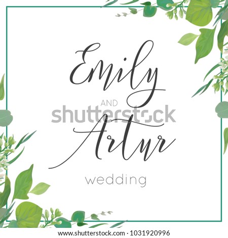 Wedding invitation, invite, save the date card design. Green watercolor style eucalyptus leaves, white lilac flowers, greenery herbs mix frame, border. Beautifu,l botanical, hand drawn rustic template