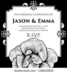 A wedding invitation invite save the day template featuring a single rose woodcut flower in a vintage retro engraved etching style. Can be used for different events with different text.