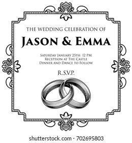 A wedding invitation invite save the day template featuring intertwined rings or bands in a vintage retro engraved woodcut etching style