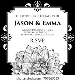 A wedding invitation invite save the day template with a single dahlia or chrysanthemum woodcut flower in a vintage retro engraved etching style. Can be used for different events with different text.
