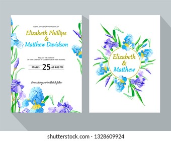 Wedding invitation with iris flower. Garden flowers. Vector decorative greeting card or invitation design background.