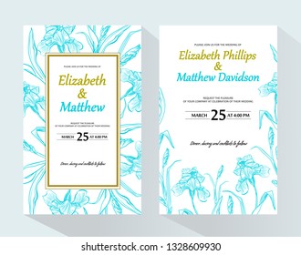 Wedding invitation with iris flower. Garden flowers. Vector decorative greeting card or invitation design background.