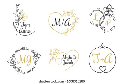 Wedding invitation labels with floral elements vector illustration. Festive emblems with names of bride and groom with blossom decorations. Isolated on white background