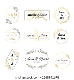 Wedding invitation labels. Minimalist floral leaves frames, elegant golden marriage card and save the date gold label. Greeting wedding calligraphy laurel label. Isolated symbols vector set