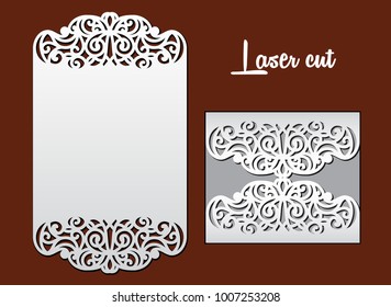 Wedding invitation with lace border. Laser cutting template for party. Pocket envelope for greeting card with abstract floral ornament. Vector openwork silhouette with pattern.