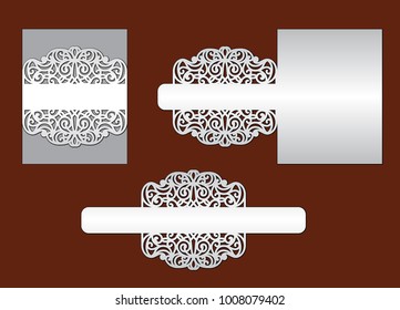 Wedding invitation with lace border. Laser cut template for party. Pocket envelope for greeting card with abstract floral ornament. Vector openwork silhouette with pattern.