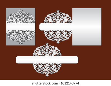 Wedding invitation with lace border. Laser cut template for party. Pocket envelope for greeting card with abstract floral ornament. Vector openwork silhouette with pattern.