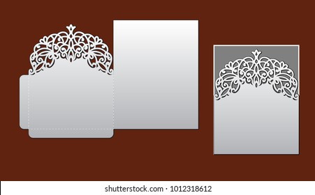 Wedding invitation with lace border. Laser cut template for party. Pocket envelope for greeting card with abstract floral ornament. Vector openwork silhouette with pattern.