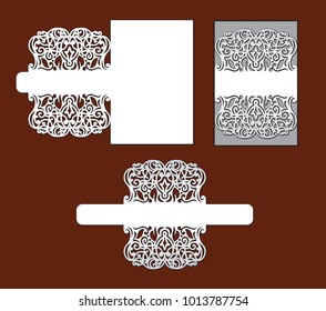 Wedding invitation with lace border. Laser cut template for party. Pocket envelope for greeting card with abstract floral ornament. Vector openwork silhouette with pattern.