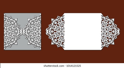 Wedding invitation with lace border. Laser cutting template. Envelope with round mandala and abstract floral pattern. Openwork silhouette with ornament. Oriental  vector greeting card for mockup.