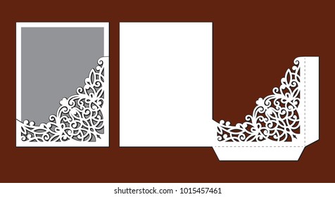 Wedding invitation with lace border. Laser cutting template for party. Pocket envelope for greeting card with abstract floral ornament. Vector stationery with openwork silhouette.