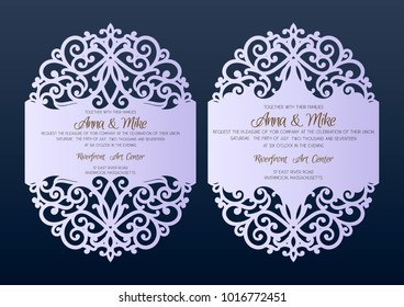 Invitación de boda con borde de encaje. Tarjeta de felicitación por corte láser, estilo vintage. Plantilla para cortar.