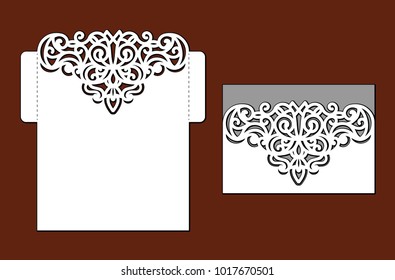 Wedding invitation with lace border. Laser cut template for party. Pocket envelope for greeting card with abstract floral ornament. Vector stationery with openwork silhouette.