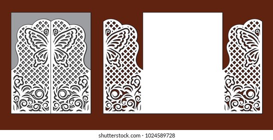 Wedding invitation with lace decor. Envelope for greeting card with fairy butterfly, floral ornament and grid. Laser cutting template for party. Openwork vector silhouette of fold gate.