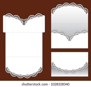 Wedding invitation with lace decor. Laser cut template for envelope for party greeting card with abstract ornament. Vector ornamental frame. Openwork border of silhouette with pattern.