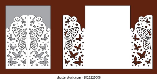 Wedding invitation with lace decoration, beautiful butterflies and stars. Laser cut template for party. Envelope for greeting card. Openwork vector silhouette of fold gate for wood carving.