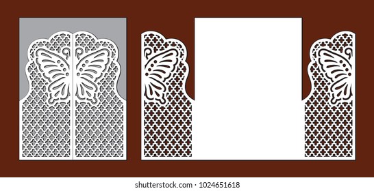 Wedding invitation with lace decoration. Fairy butterfly, grid and ornate ornament. Laser cutting template for party. Envelope for greeting card. Openwork vector silhouette of fold gate.