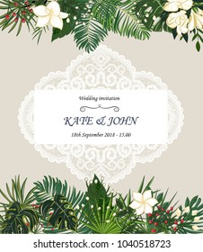 wedding invitation with lace and flowers vector illustration