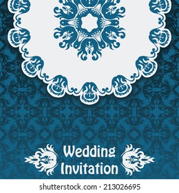 Wedding invitation with lace pattern. Background in a blue                    