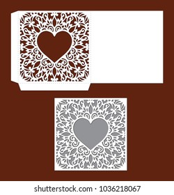 Wedding invitation with lacy border. Laser cut template of envelope with heart, mandala, abstract floral pattern. Openwork silhouette with vector ornament. Mockup greeting card.