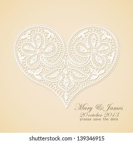 Wedding invitation. Lacy white heart on a gold background.