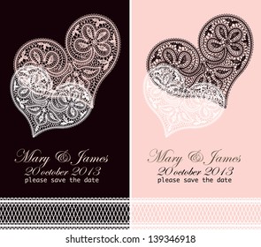 Wedding invitation. Lacy white heart on a gold background.