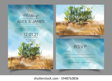 wedding invitation landscape watercolor dry meadow