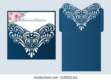 Wedding invitation laser cut template, square pocket envelope, vector.