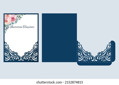 Wedding invitation laser cut template, swirls pocket envelope, vector.