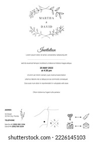 Wedding Invitation Layout in Boho, Bali Style. Three fold letter. Clean, white, decorative insert. Natural and organic aesthetic. Simple, trendy ornament, icons and hand drawings.