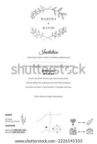 Wedding Invitation Layout in Boho, Bali Style. Three fold letter. Clean, white, decorative insert. Natural and organic aesthetic. Simple, trendy ornament, icons and hand drawings.