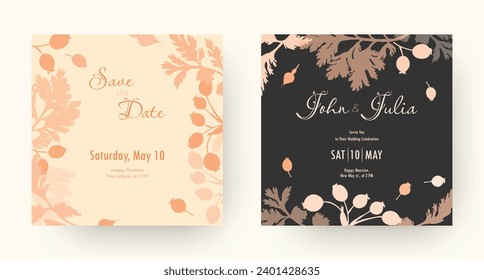 Diseño de la invitación a la boda con grandes siluetas florales. Partes de flores dibujadas a mano. Diseño festivo de moda. Composición decorativa. Tarjeta de vacaciones romántica. Tarjetas con dos antecedentes, claras y oscuras.