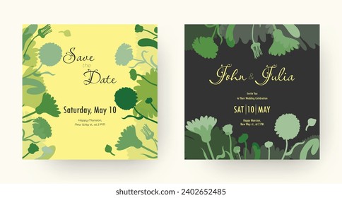 Diseño de la invitación a la boda con grandes siluetas florales. Partes de flores dibujadas a mano. Diseño festivo de moda. Composición decorativa. Tarjeta de vacaciones romántica. Tarjetas con dos antecedentes, claras y oscuras.