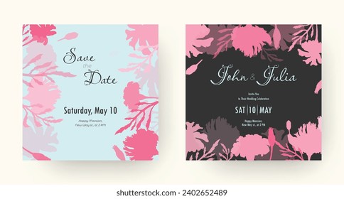 Wedding invitation layout with large floral silhouettes. Hand-drawn flower parts. Trendy festive design. Decorative composition. Romantic holiday card. Cards with two backgrounds, light and dark.