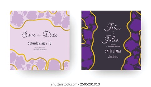Hochzeitseinladung Layout mit großen Blumen Silhouetten. Handgezeichnete Blumenteile. Trendy festliches Design. Goldene glitzernde Bänder. Romantische Urlaubskarte. Karten mit zwei Hintergründen, hell und dunkel.