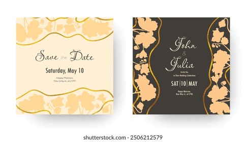 Wedding invitation layout with large floral silhouettes. Hand-drawn flower parts. Trendy festive design. Golden glittering ribbons. Romantic holiday card. Cards with two backgrounds, light and dark.