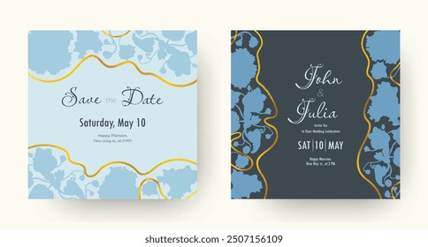 Wedding invitation layout with large floral silhouettes. Hand-drawn flower parts. Trendy festive design. Golden glittering ribbons. Romantic holiday card. Cards with two backgrounds, light and dark.