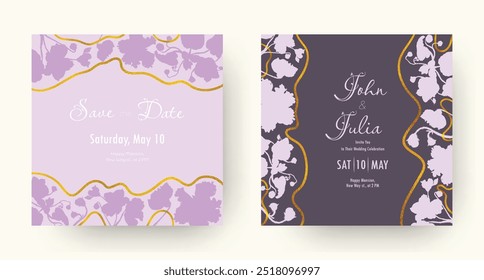 Wedding invitation layout with large floral silhouettes. Hand-drawn flower parts. Trendy festive design. Golden glittering ribbons. Romantic holiday card. Cards with two backgrounds, light and dark.